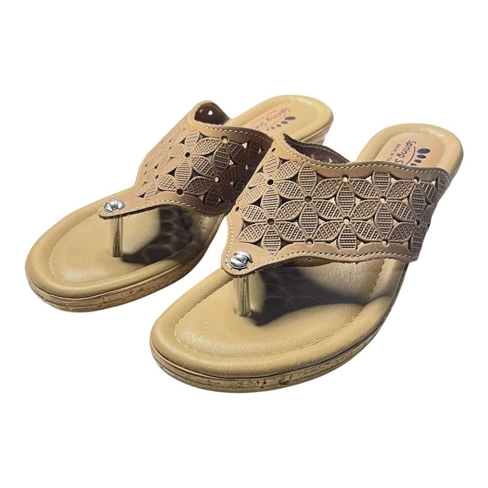Spring Step Tiffany Thong Sandal Slides Women’s Size 37 Floral Leather Wedge - Picture 3 of 6